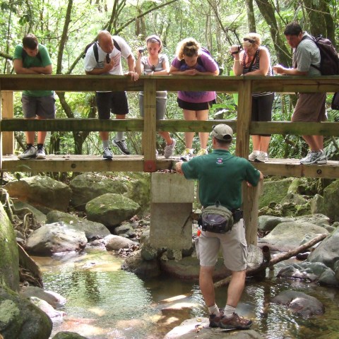 guide and tourists on river